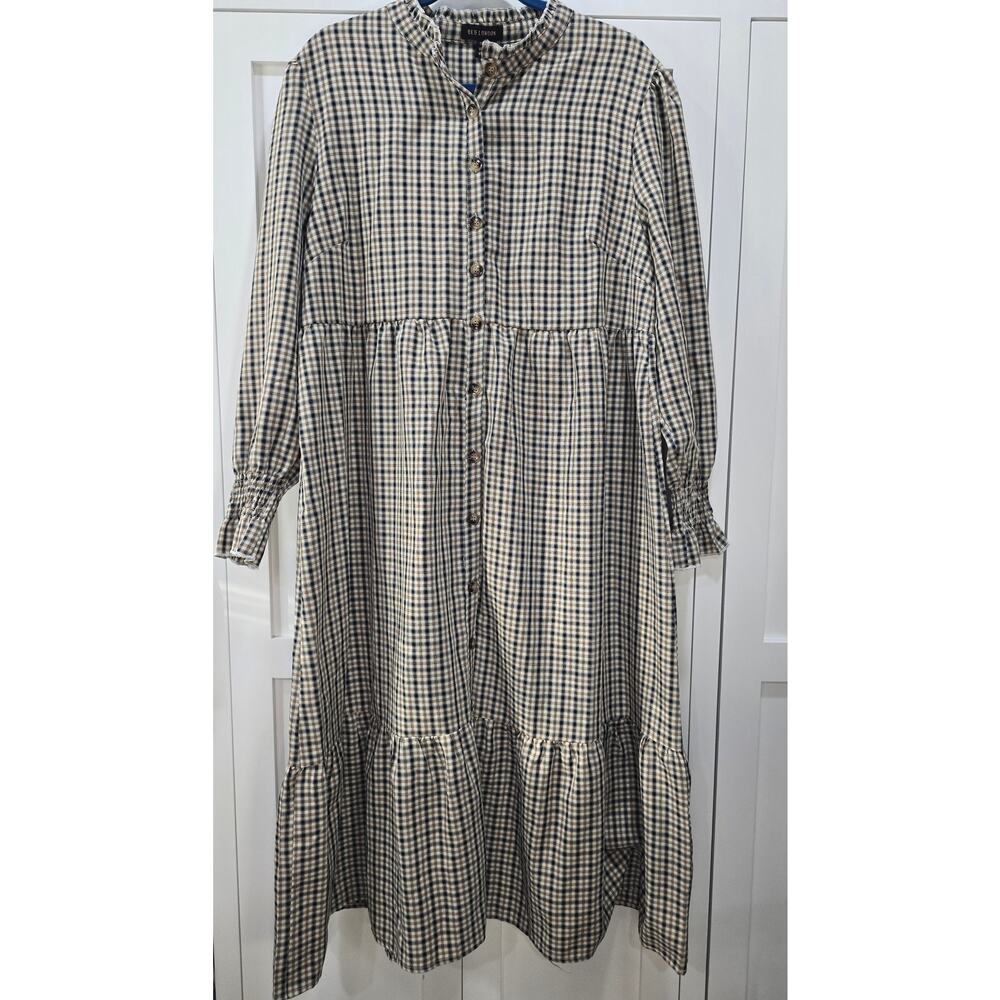 Qed London Brown Plaid Tiered Dress Size 12 | Button Front Prairie Cottagecore - Picture 2 of 16